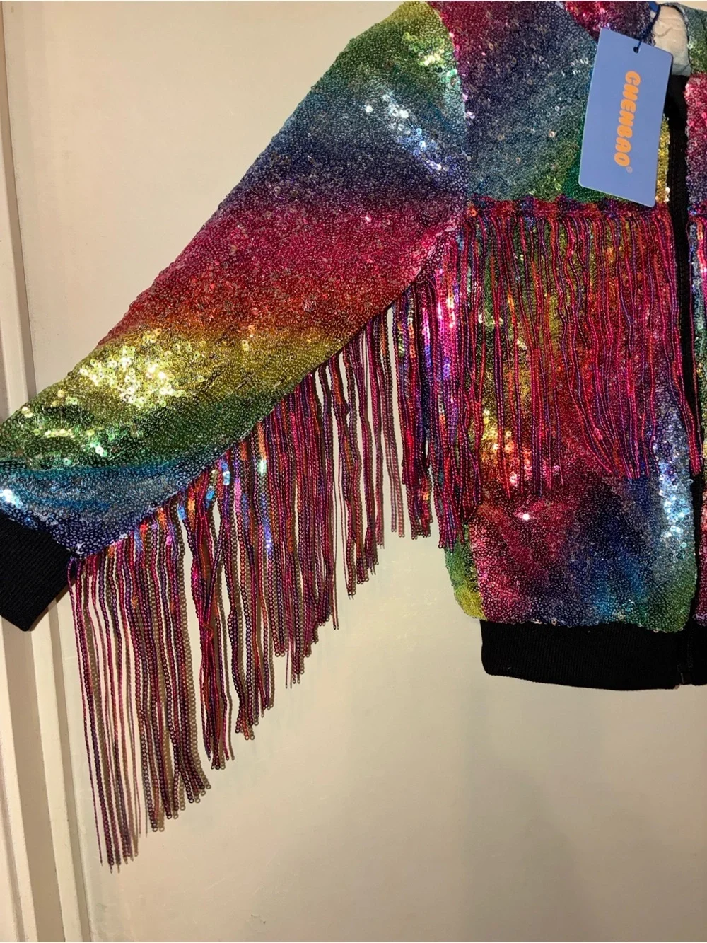 NWT Rainbow Sequin Fringe Bomber Jacket Girls Medium | Y2K| performance wear